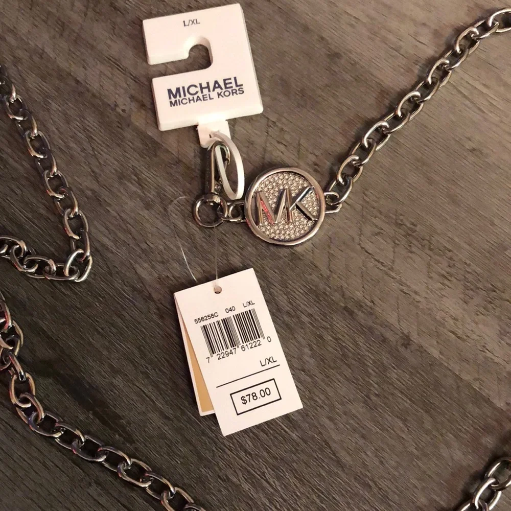 Michael Kors Silver Tone Chain Link Belt With Round Pave MK Logo Size L/XL NWT - Picture 4 of 12